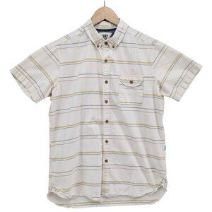 Vissla Table Tops Shirt Mens Cream Striped Button Front Pocket Short Sleeve Sz S